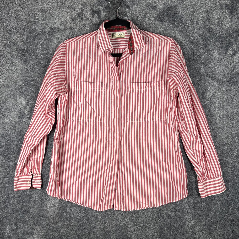 Vintage LL Bean Shirt Womens 10 Red Stripe Cotton Button Front Made USA 90s